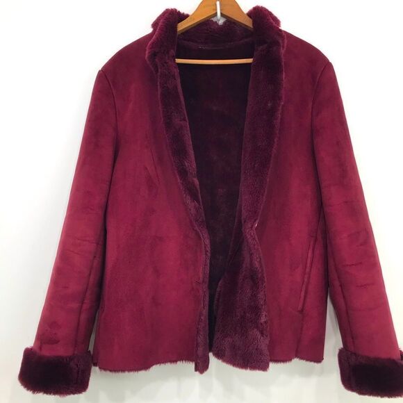 Maroon Faux Suede Burgundy Faux Fur Lined Button Up Holiday Jacket - Picture 2 of 16